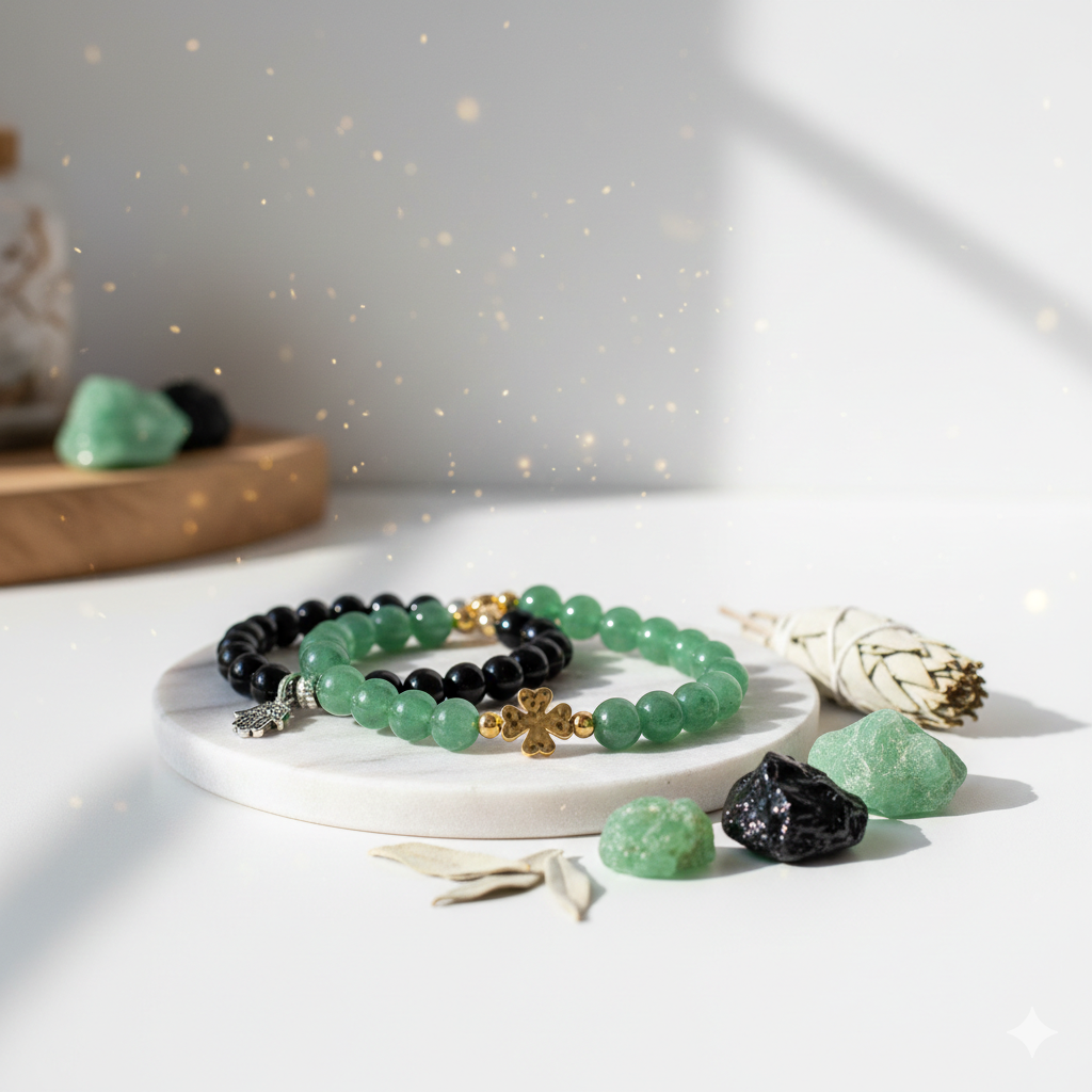 Pulsera de cuentas de aventurina verde y turmalina negra sobre base de mármol con cristales naturales de fondo.